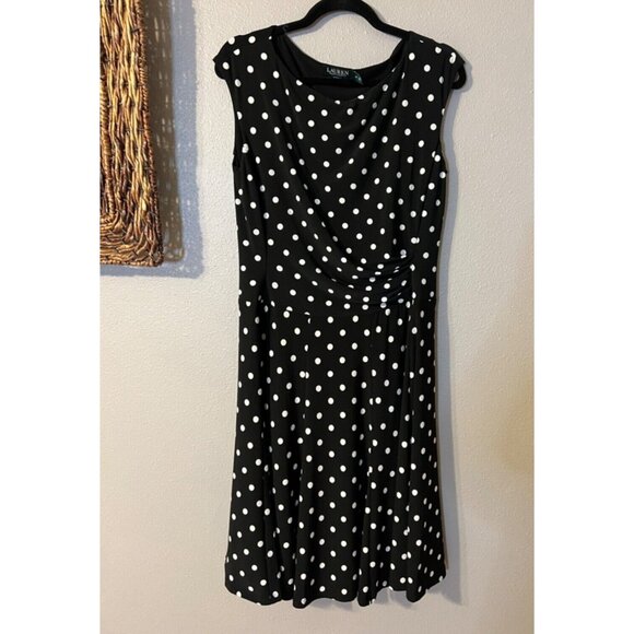 Ralph Lauren Dress 10 Black Polka Dot Washable Stretch Cap Sleeve Career Church - Picture 7 of 8